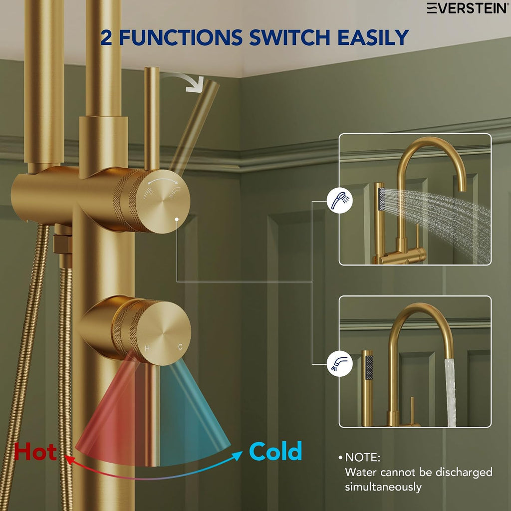 Freestanding Bathtub Faucet with Hand Held Shower, Floor Mount Tub Filler, Dual Handle Brass Bath Tub Faucet, Valve Included，Brushed Gold