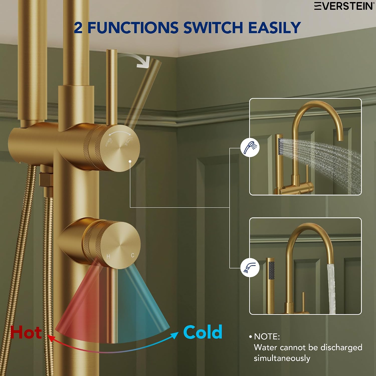 Freestanding Bathtub Faucet with Hand Held Shower, Floor Mount Tub Filler, Dual Handle Brass Bath Tub Faucet, Valve Included，Brushed Gold