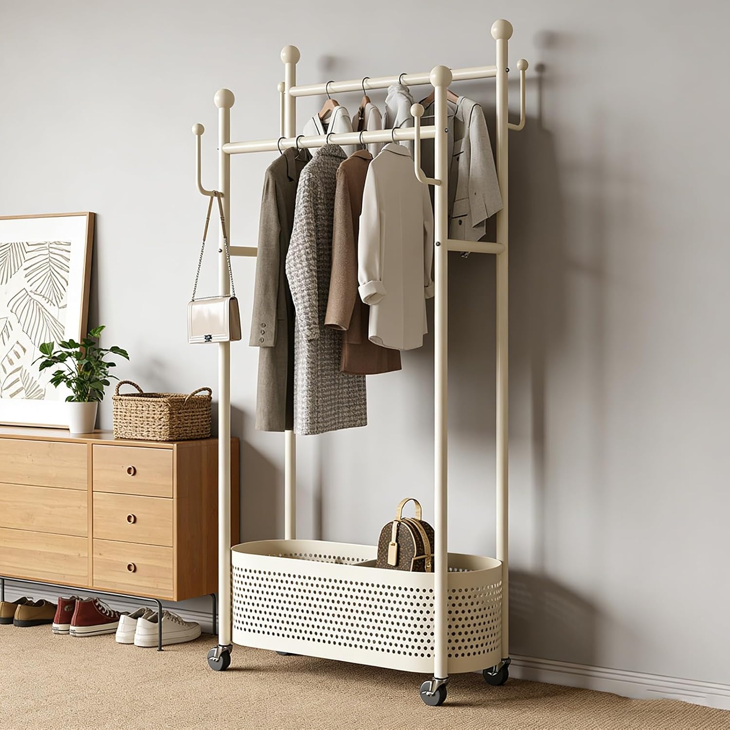 Rolling Metal Clothes Rack,Modern Garment Rack with Storage Basket – Double Rod Clothing Organizer on Wheels for Bedroom, Closet or Entryway – Coat Stand with Hooks(White,80cm(31.5in))