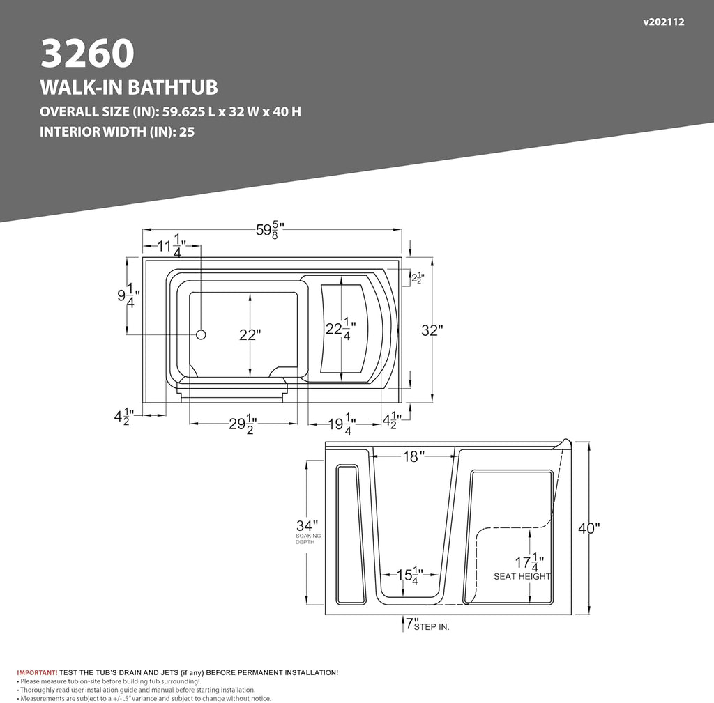 ANZZI Walk-In Whirlpool Bathtub 32 in. x 60 in. Left Drain White Acrylic, Quick Fill Faucet, Powered Fast Drain, Chromatherapy, 12 Hydro Massage Jets, Seat, Grab Bar, Maintenance Heater | AMZ3260LWH