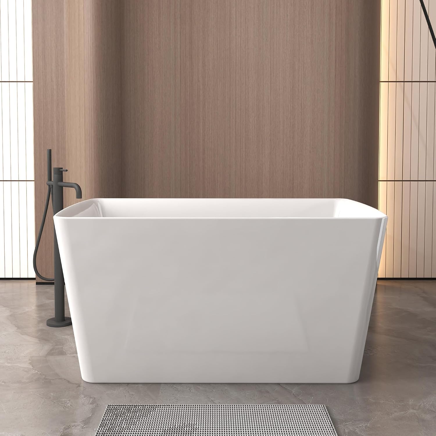 47' Acrylic Freestanding Bathtub, Square Shaped Japanese Soaking Tub with Seat Design, Stand Alone Tubs W/Pop-UP Chrome Drain, Slotted Overflow, cUPC Certified, Glossy White