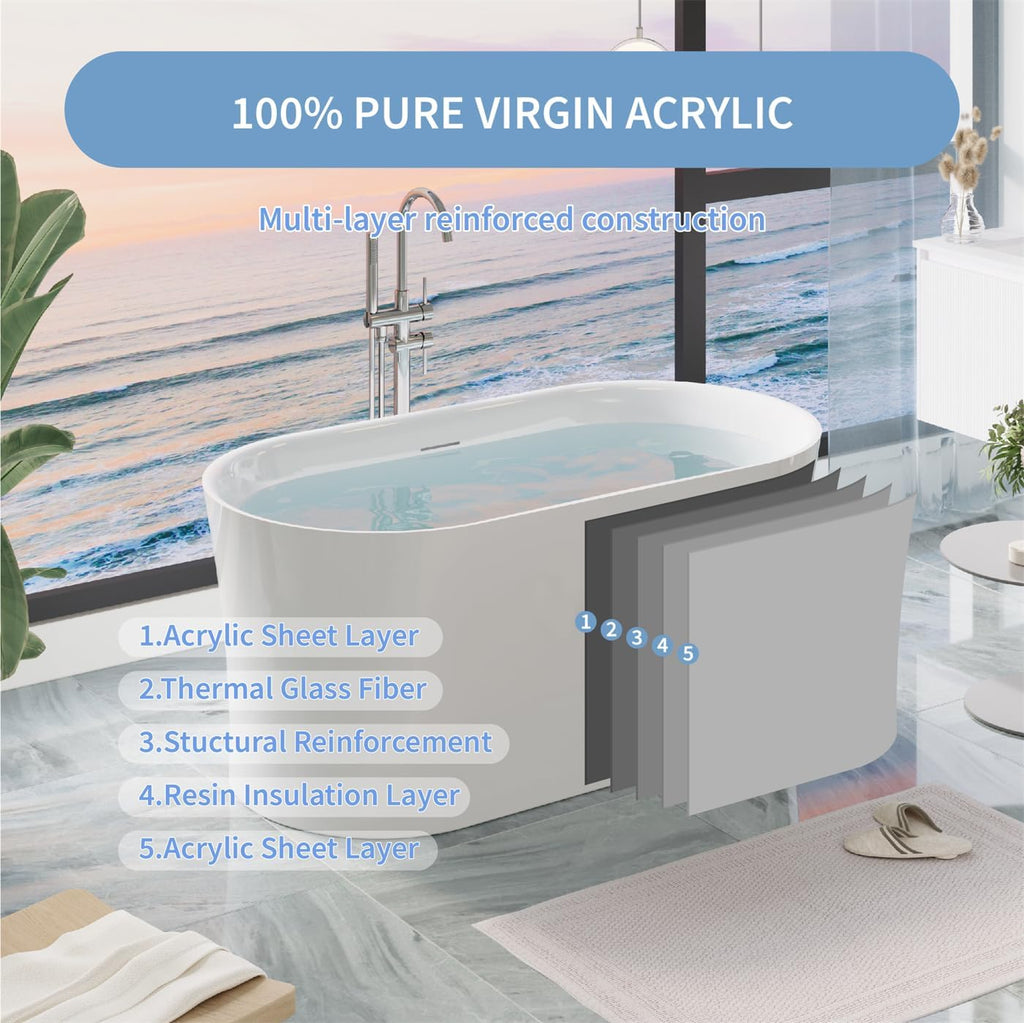 WELLFOR 59 Inch Acrylic Freestanding Bathtub, 80 Gallons Capacity White Soaking Tub, Freestanding Soaking bath tub with Chrome Bathtub Drain and Groove Overflow, Glossy White