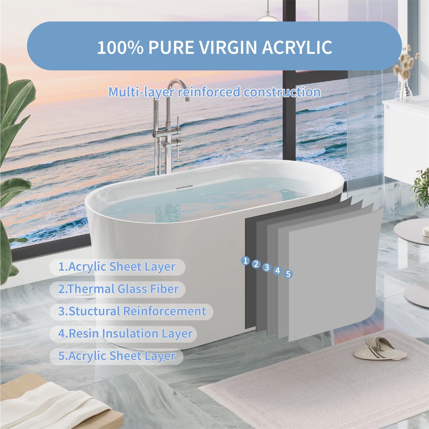 WELLFOR 59 Inch Acrylic Freestanding Bathtub, 80 Gallons Capacity White Soaking Tub, Freestanding Soaking bath tub with Chrome Bathtub Drain and Groove Overflow, Glossy White