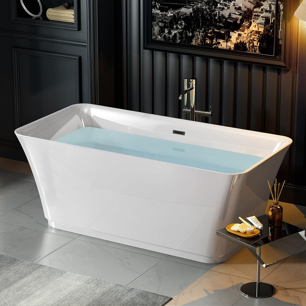 Empava 59' Freestanding Bathtub, Acrylic Deep Soaking Tub, Modern Stand Alone Tub with Anti-Slip Surface, Adjustable Feet & Drain Overflow Included, White, cUPC Certified