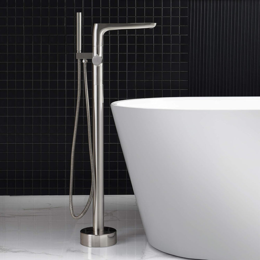 WOODBRIDGE Contemporary Single Handle Floor Mount Freestanding Tub Filler Faucet with Hand shower in Brushed Nickel Finish,F0014BN