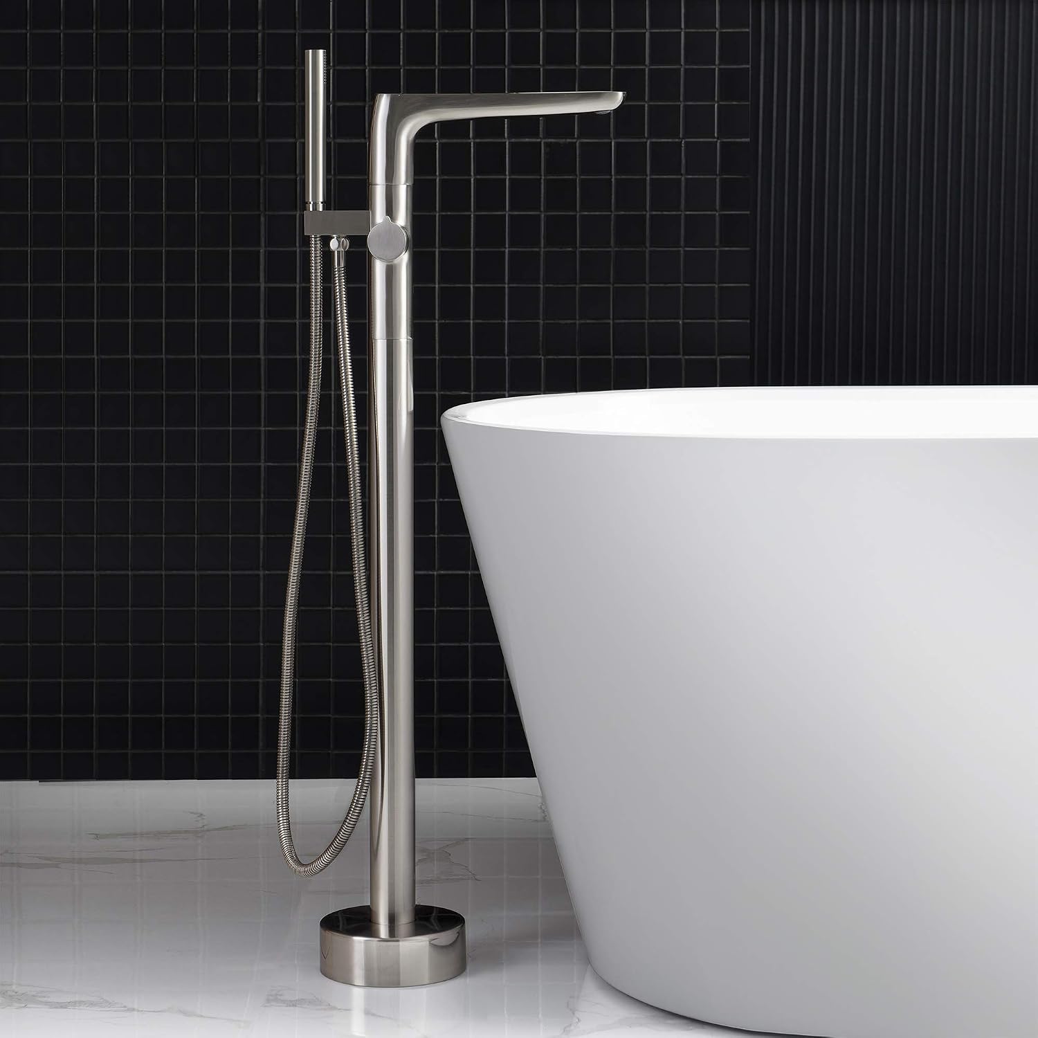 WOODBRIDGE Contemporary Single Handle Floor Mount Freestanding Tub Filler Faucet with Hand shower in Brushed Nickel Finish,F0014BN