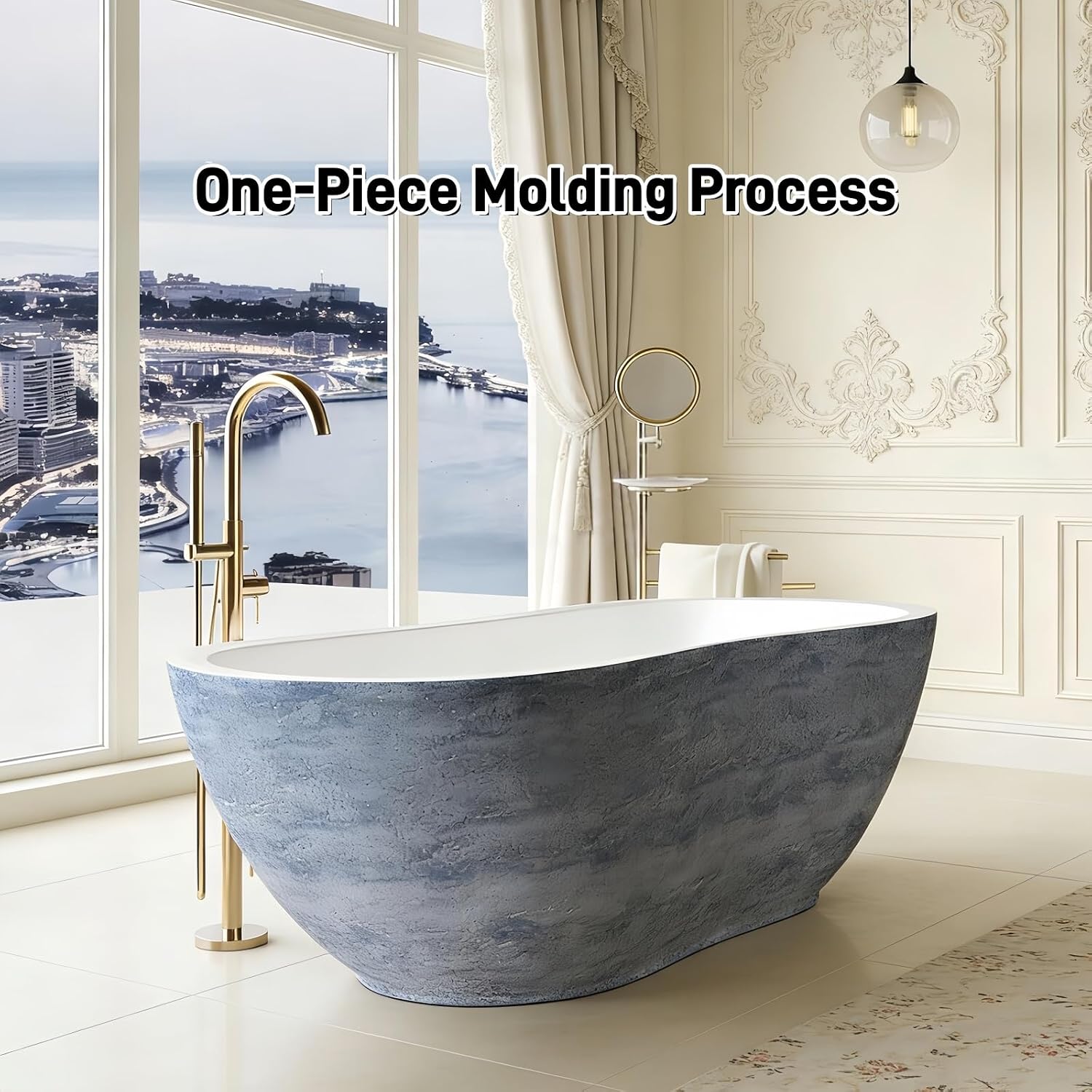 67' Edeyeu Freestanding Bathtub - Solid Surface Soaking Tub, Designer Luxury Deep Free Standing Tub, Sleek & Modern Bathtub for High-End Bathroom and Spa, Blue