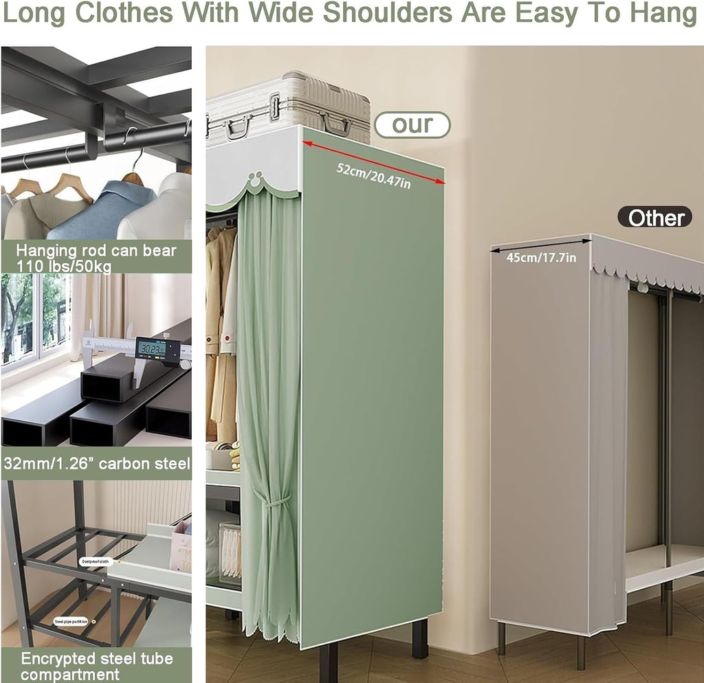 Foldable Clothe Rack with Wheel W/cover Load 1100lbs Heavy-duty Portable Wardrobe for Bedroom Armoires Freestanding Clothing Coat Storage Rack Rolling Garment Rack for Hanging(Green,131cm/51.6in)