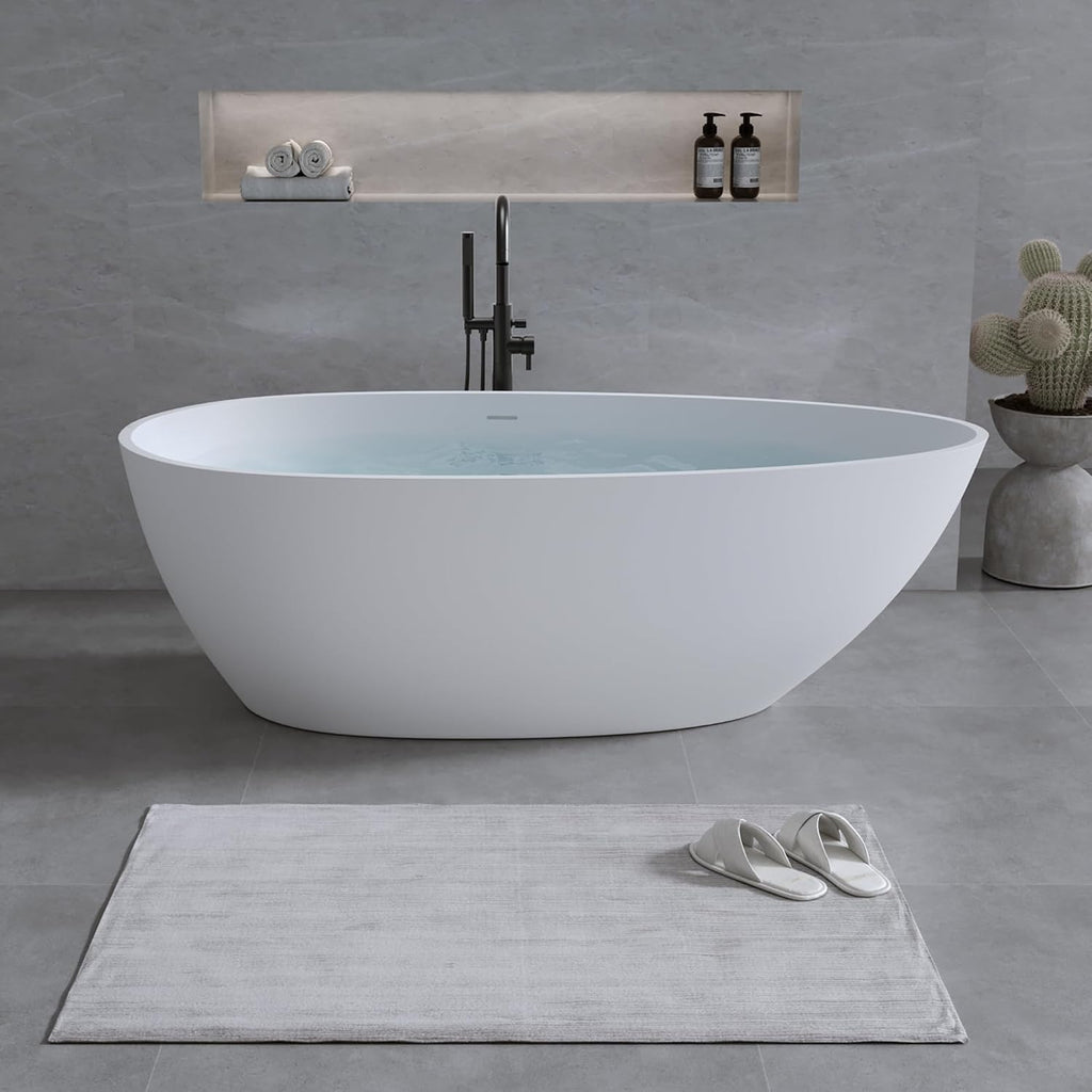 59' Stone Resin Freestanding Bathtub, Egg Shell Shaped Solid Surface Bathroom Freestanding Tubs, Stand Alone Soaking Tubs with Integrated Slotted Overflow and Drain, Matte White