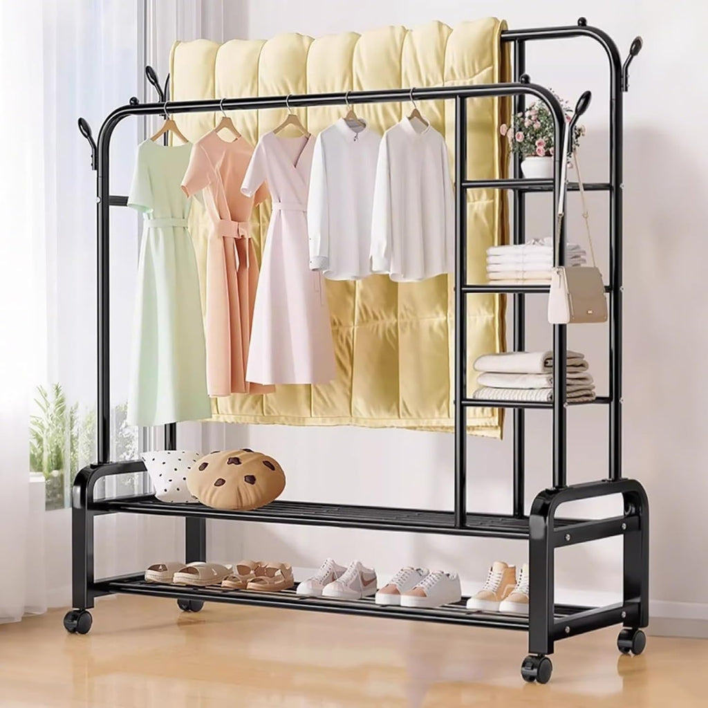 Metal Clothes Rack,Rolling Clothing Racks,Garment Rack With Storage Shelves And Coat/Hat Hooks,Freestanding Clothing Organizer For Bedroom Living Room(150cm/59in)