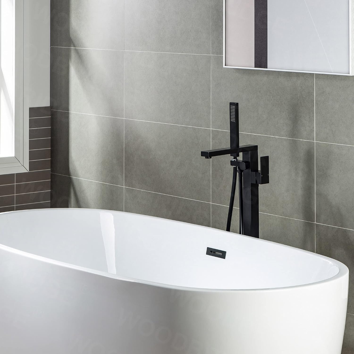WOODBRIDGE F0009BL Contemporary Single Handle Floor Mount Freestanding Tub Filler Faucet with Hand shower in Matte Black Finish