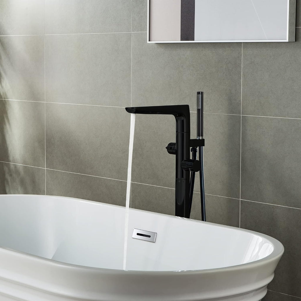 WOODBRIDGE F0015BL Contemporary Single Handle Floor Mount Freestanding Tub Filler Faucet with Hand shower in Matte Black Finish.
