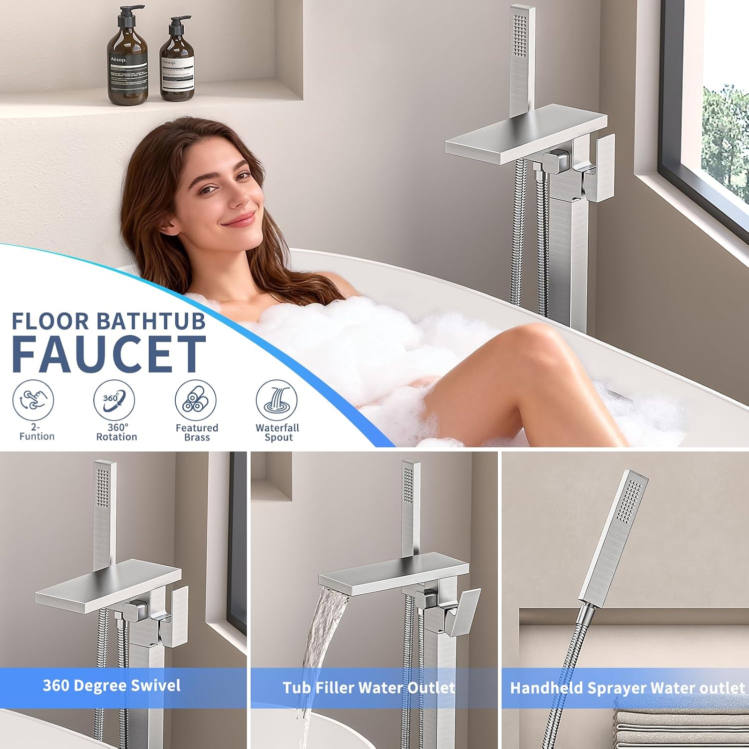 Freestanding Bathtub Faucet with Handheld Spray Single,High Flow Waterfall Bath Shower Faucet,Floor Mount Bathtub Faucet Swivel Flat Waterfall Spout Brushed Nickel