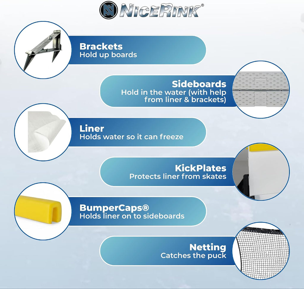 Backyard Ice Rink Accessories - Brackets, Boards, Kick Plates, Bumper Caps, and Netting - Made in USA and Canada Build Repair and Upgrade DIY Hockey and Skating Rinks