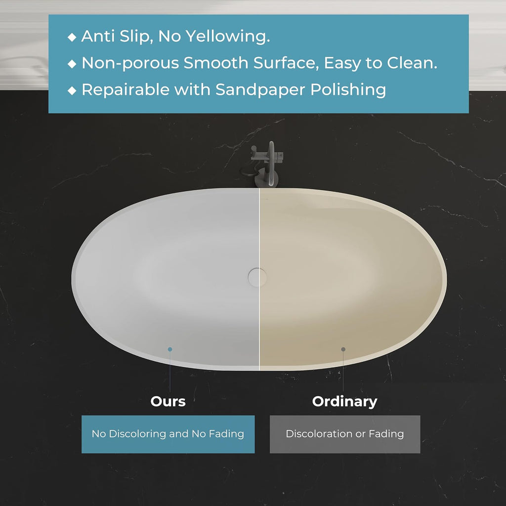 Upgraded 65' Solid Surface Freestanding Bathtub, Oval Stone Resin Tub with Overflow and Pop-up Drain, Matte White
