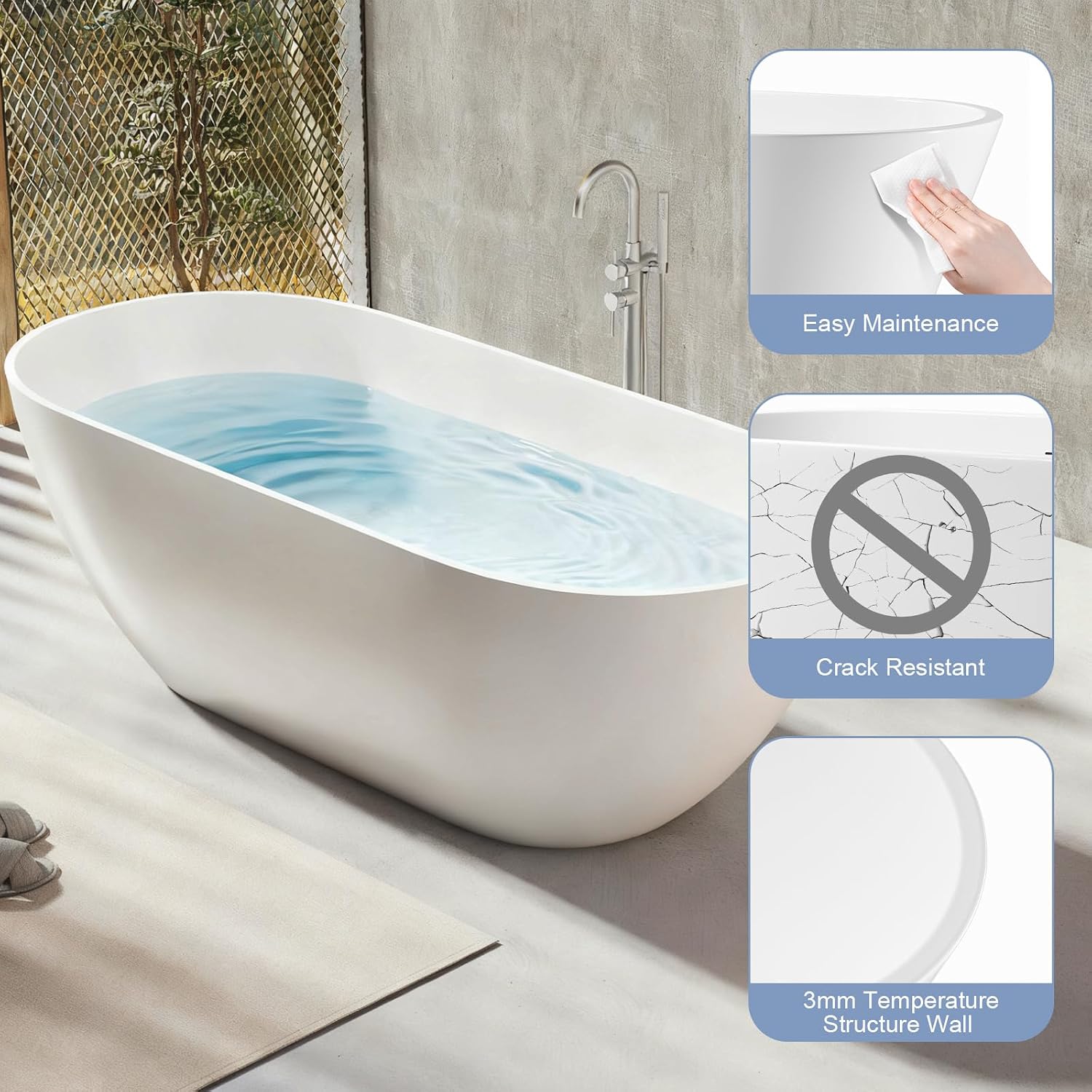 Zevemomo 63 Inch Solid Surface Freestanding Bathtub, Oval Shaped Soaking Stone Resin Bath Tub with Brushed Overflow and Drain, Matte White Stand Alone Bathtub, cUPC Certified