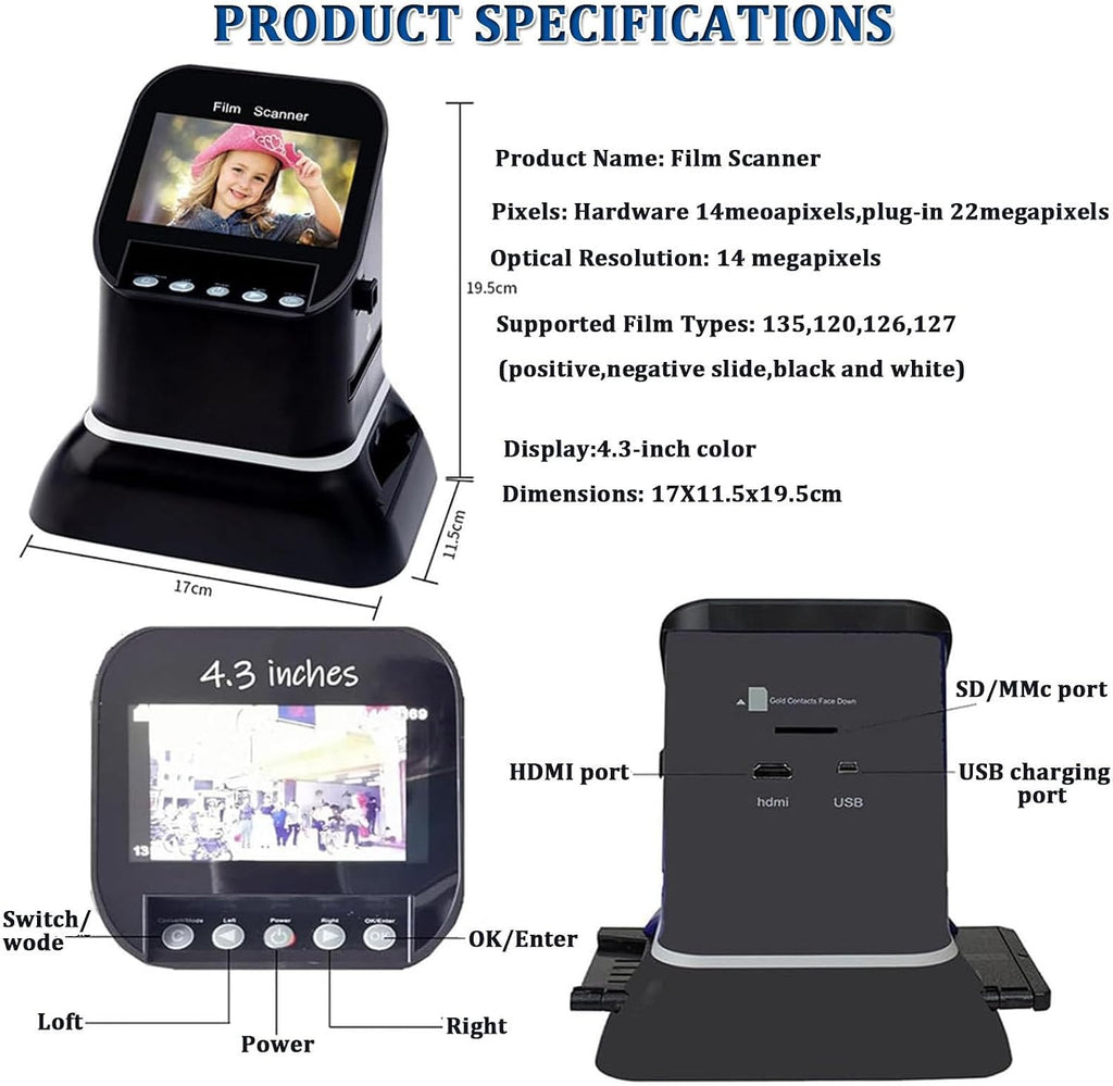All-in-One Film to Digital Converter 22MP Film Scanner, 4.3' LCD Slide Negative Scanner with Image Preview Editing for 35mm/120 Medium Format Films