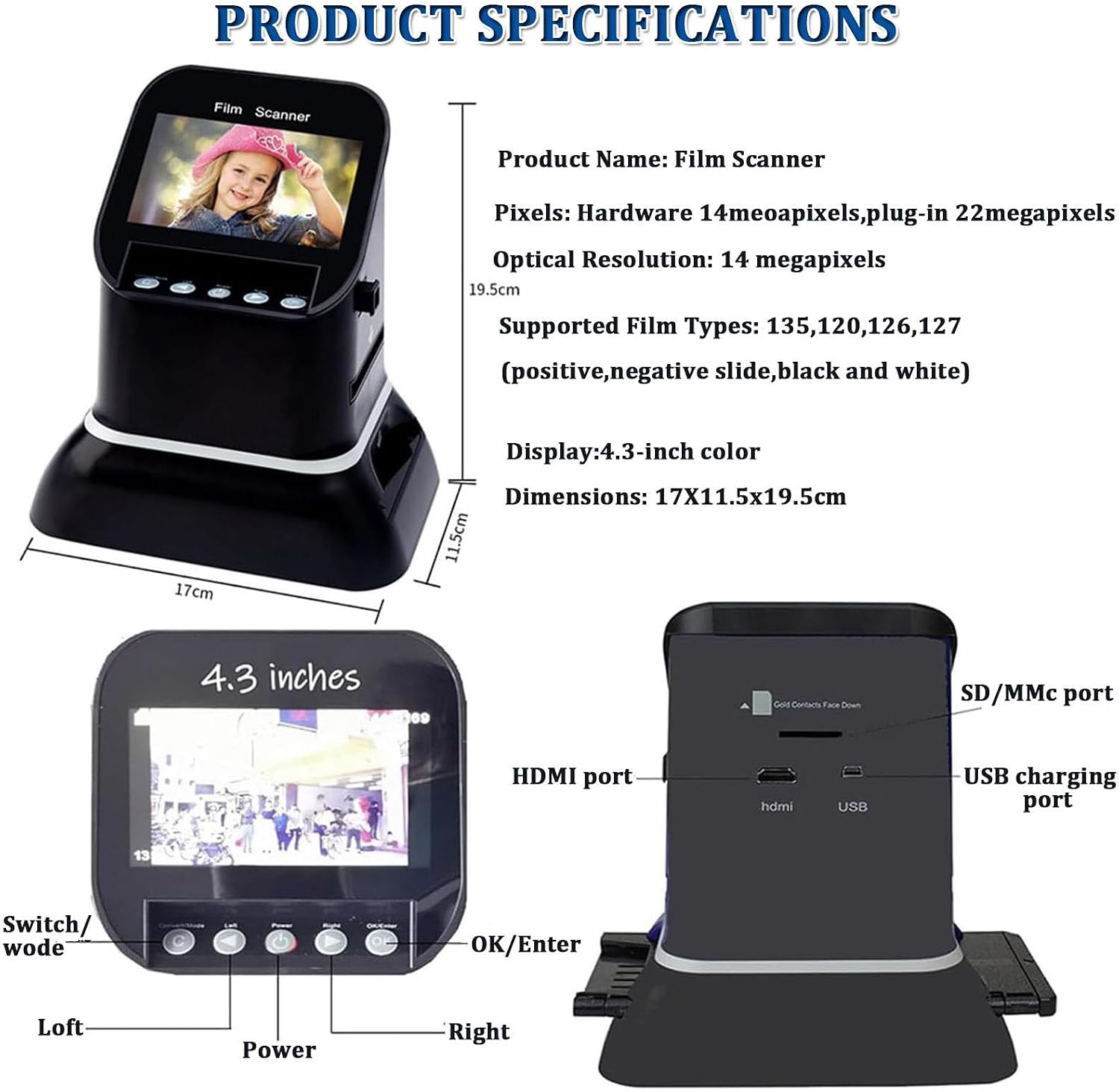 Professional 22MP Film Scanner Slide Scanner with 4.3' LCD, High Resolution Film to Digital Converter for 35mm 120 126 127 135 Negatives & Slides