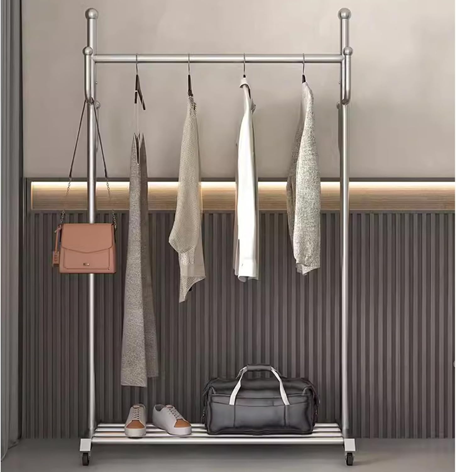 Heavy duty Garment rack Silver Stainless Steel Clothing Rack With Wheels, Rolling Clothes Rack With 6 Hooks And Shelves, Portable Clothes Organizer For Bedroom,Space Saving Coat Rack ( 60X35X165CM)