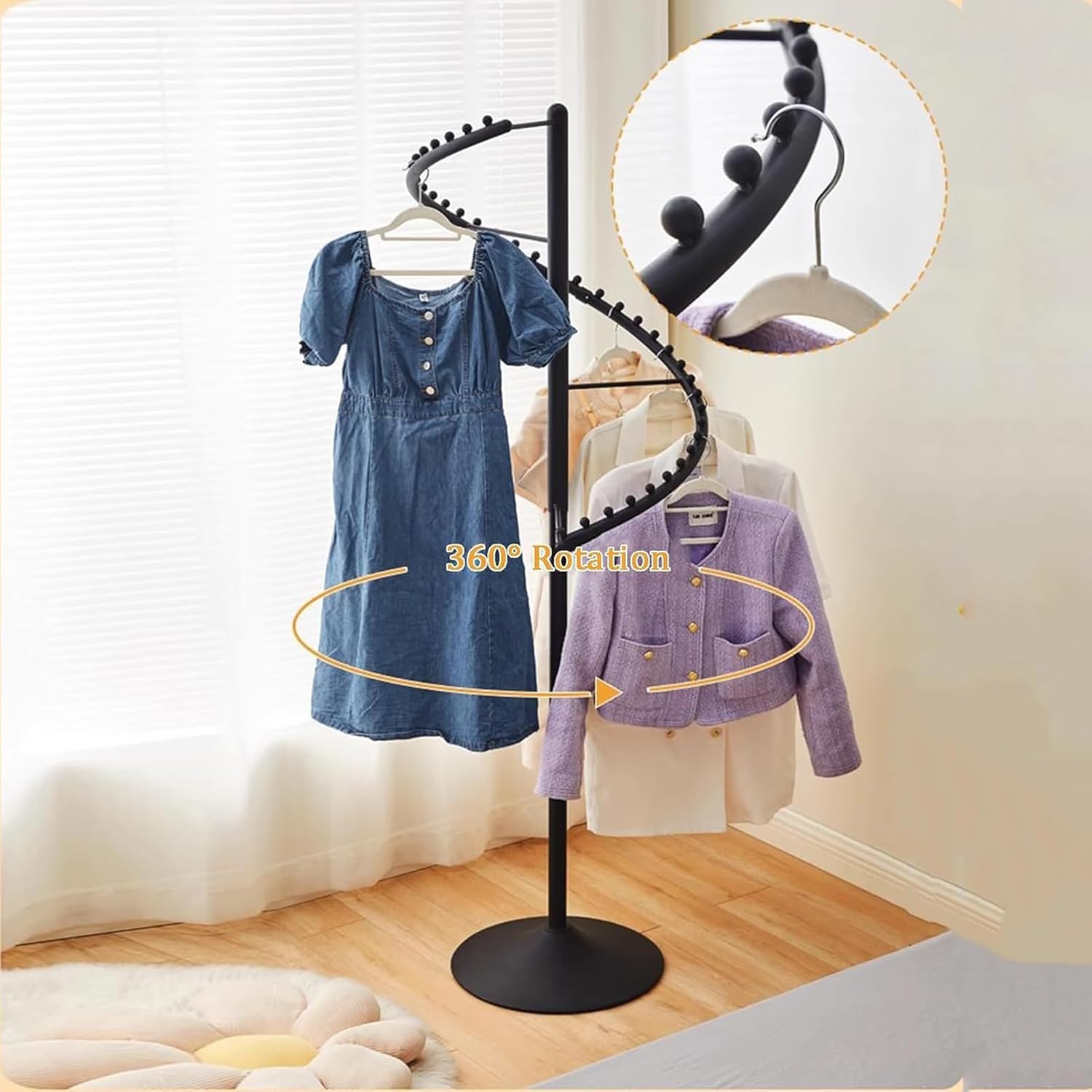Heavy Duty Garment Rack Spiral Rotating Clothing Rack, 38 Ball Heavy Duty Clothes Displa Rack, Freestanding Metal Coat Hanger for Boutique and Bedroom, Space Saving Coat Rack, 45X180CM (Black)