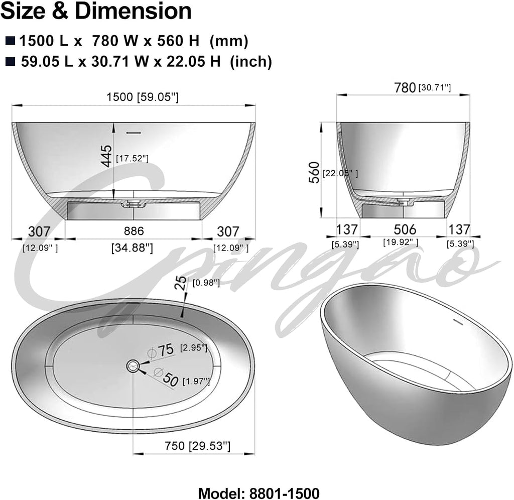Cpingao 59' Freestanding Bathtub, Oval Shaped Stone Resin Freestanding Tubs, Solid Surface Matte White Soaking Tub with Overflow and Pop-up Drain 8801-1500