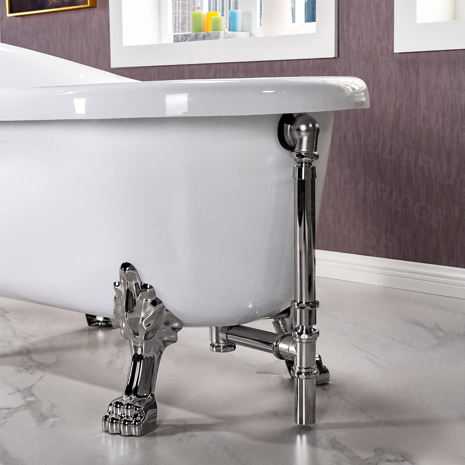 WOODBRIDGE 54' Heavy Duty Acrylic Slipper Clawfoot Bath Tub with Brushed Nickel Feet + Brushed Nickel Drain &Overflow