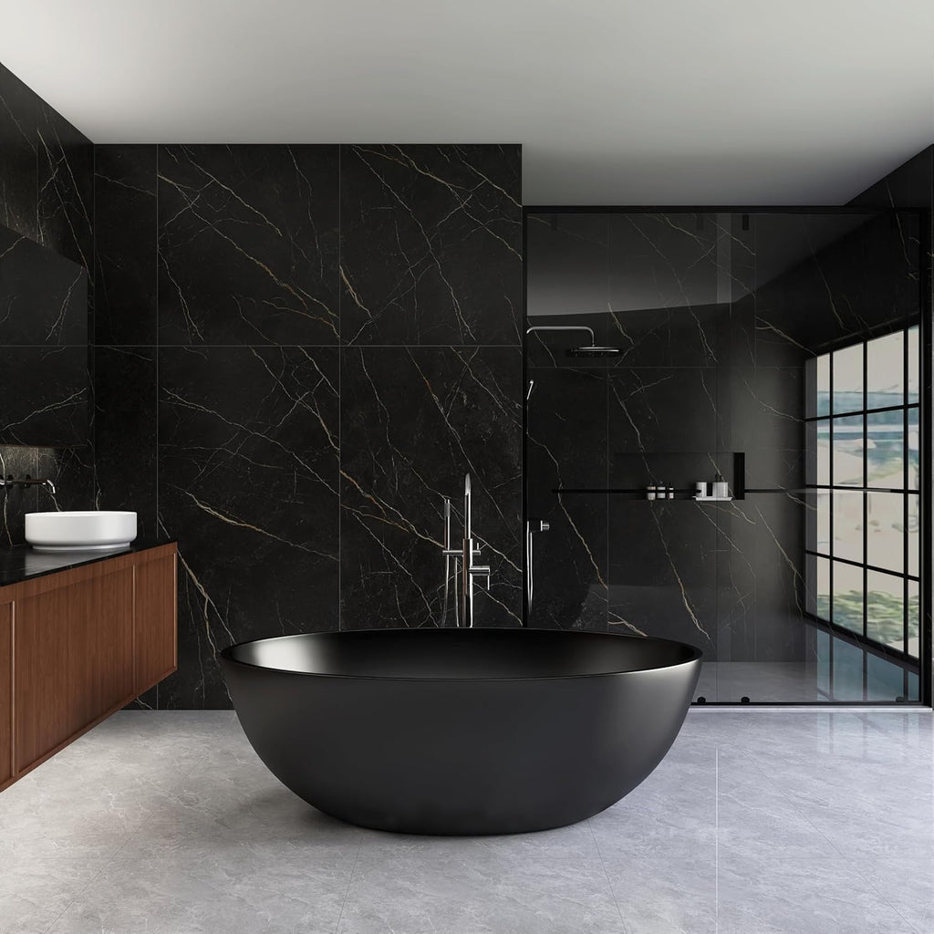 Oval 67' Freestanding Tub, Solid Surface Bathtub Matte Black | Stone Resin, Overflow and Pop up Drain, Solid Surface Bathroom Soaking Tub, Cupc Certified, Contemporary