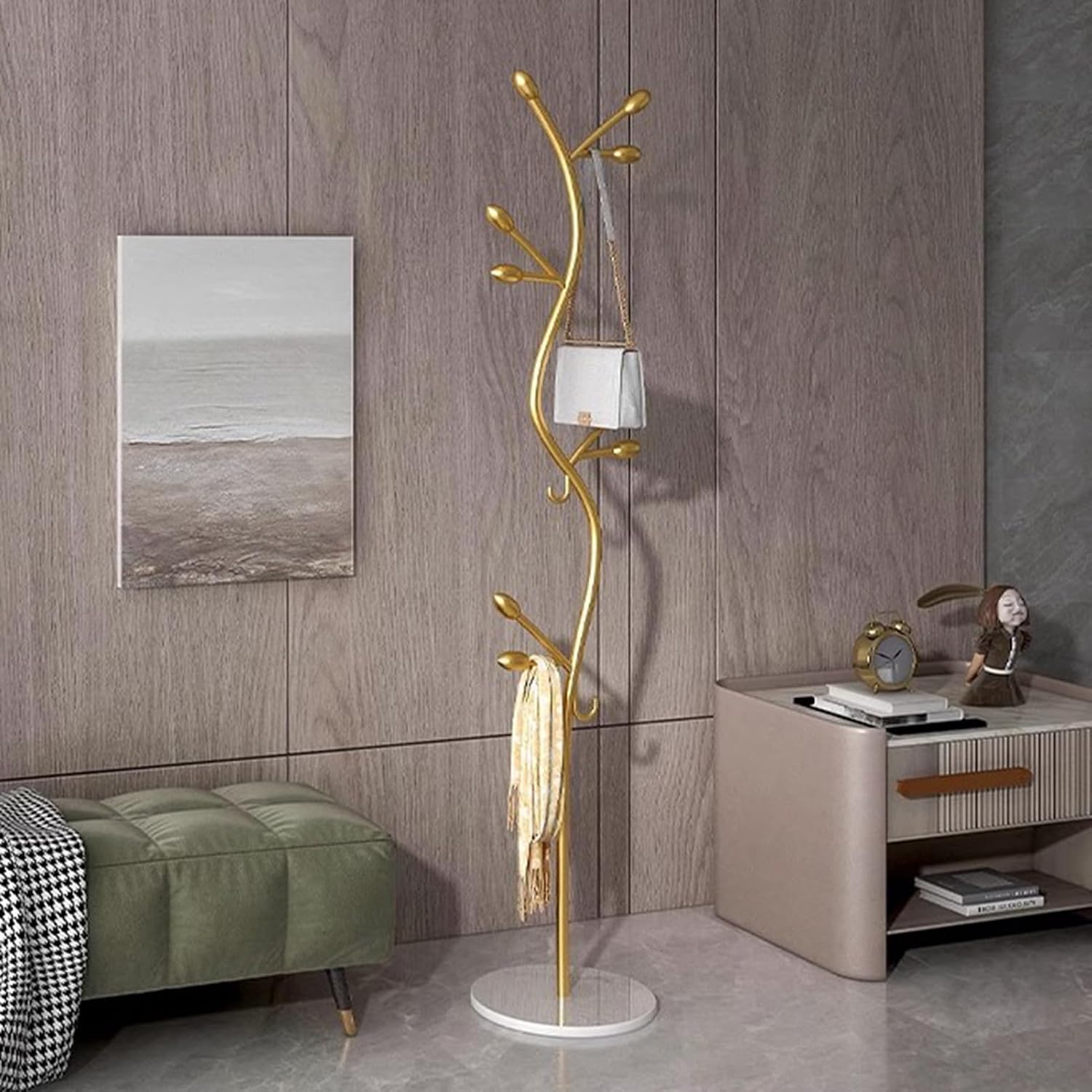 Garment Rack Freestanding Small Modern Coat Rack With Round Marble Base, Entryway Metal Coats Hanger Stand With 8 Hooks For Bedroom And Office, Save Space, 35X175CM(Color:Gold+White)