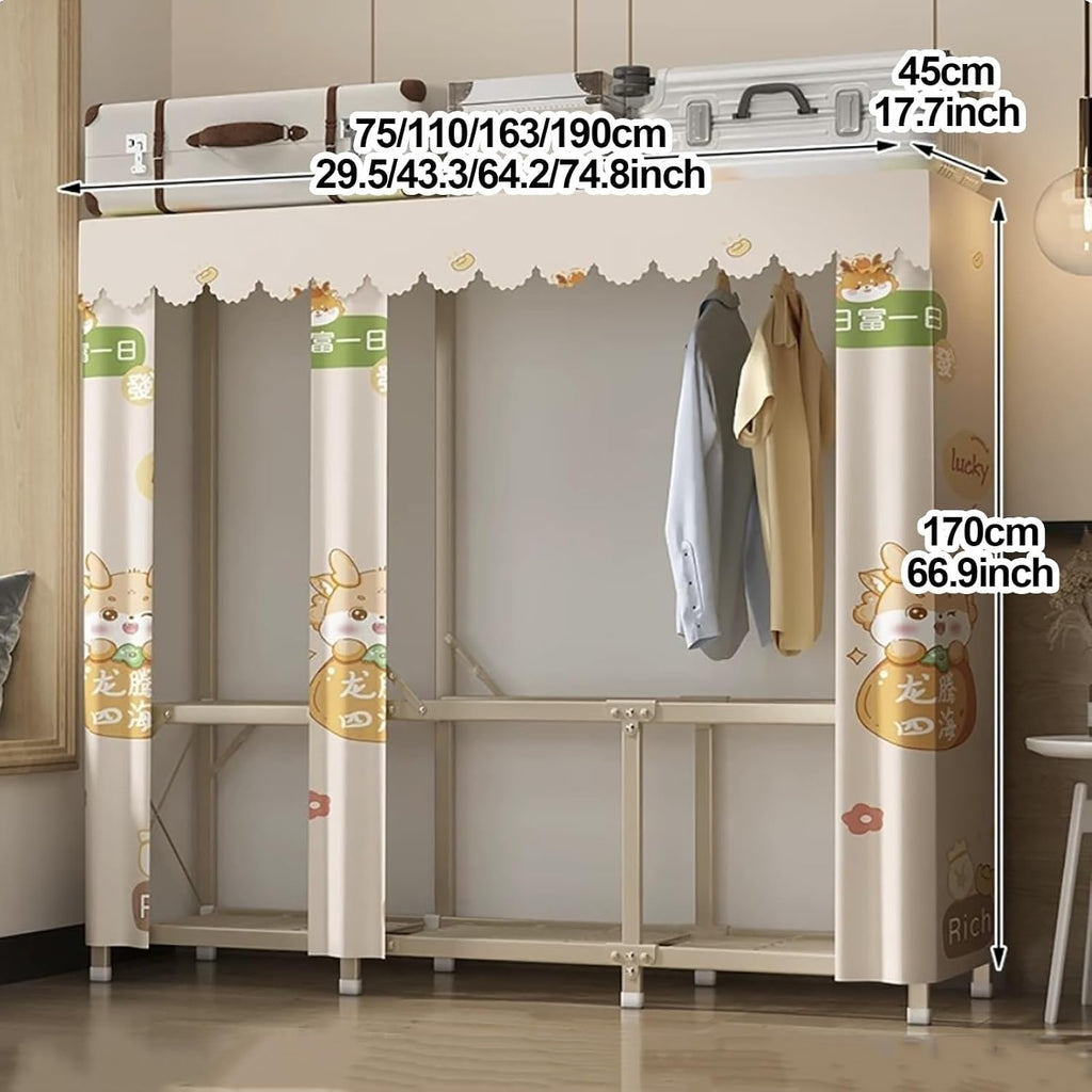 Foldable Wardrobe Closets With Cover, Metal Freestanding Clothing Rack, Portable Garment Rack With Hanging Rods, Quick And Easy To Assembly, For Bedroom(Grid 2,163cm/64.2inch)