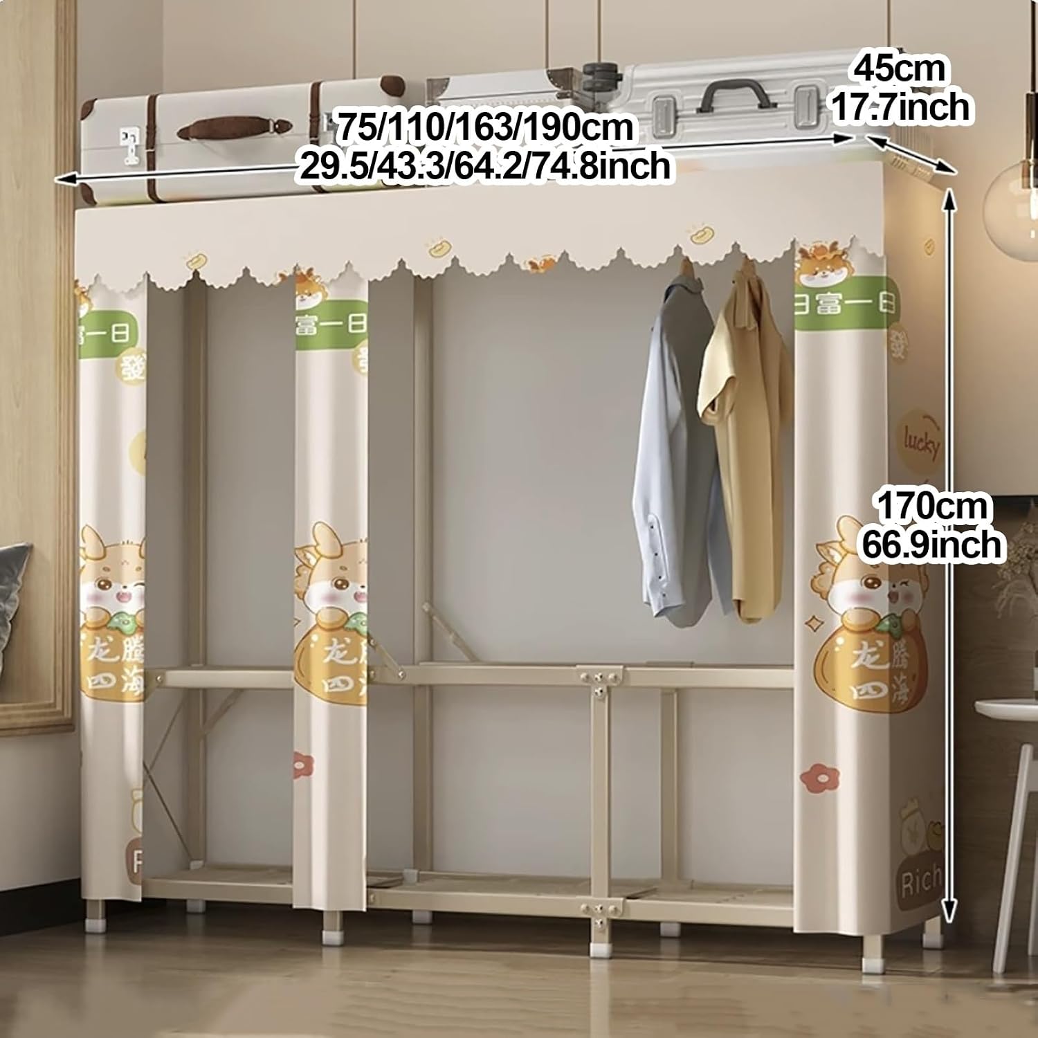 Foldable Wardrobe Closets With Cover, Metal Freestanding Clothing Rack, Portable Garment Rack With Hanging Rods, Quick And Easy To Assembly, For Bedroom(Grid 2,163cm/64.2inch)