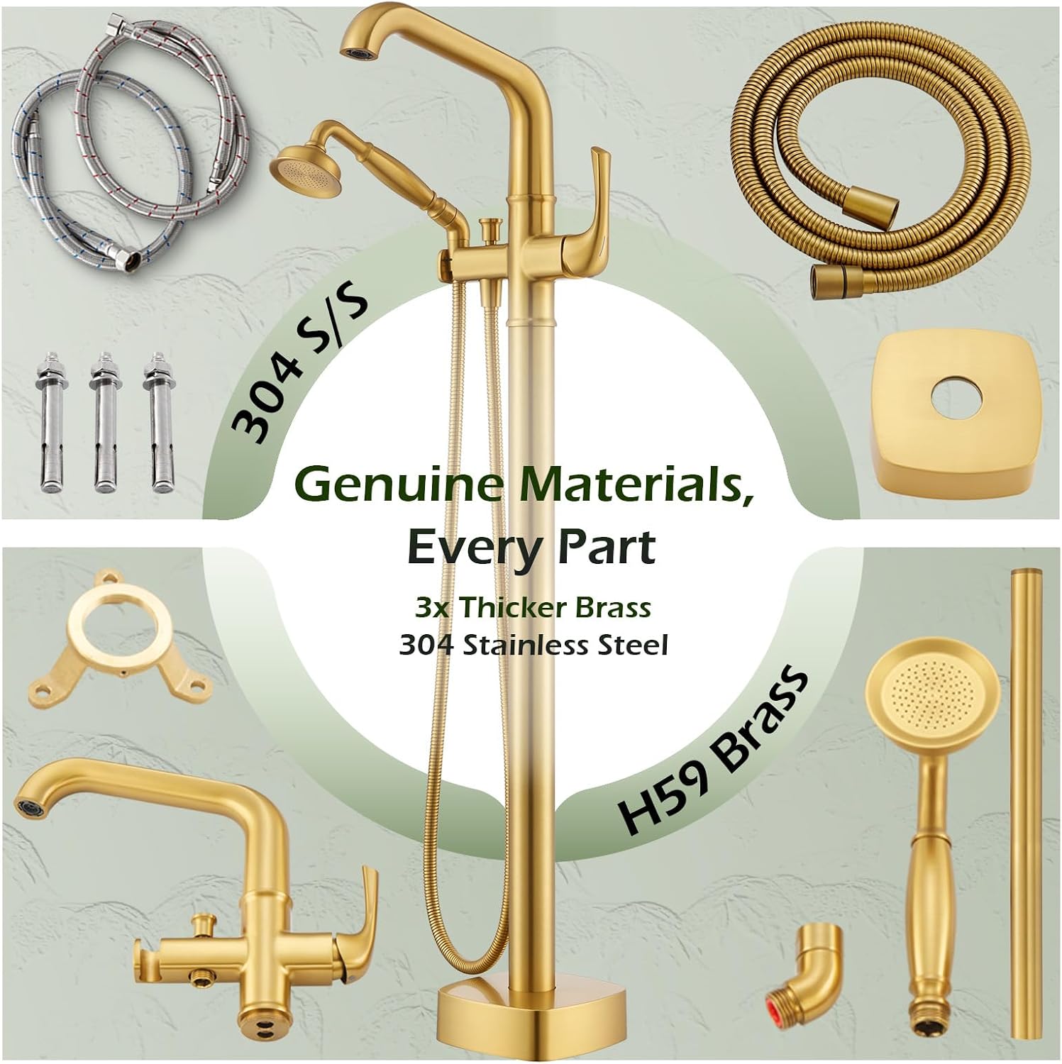 Luxury Free Standing Tub Faucet, Classic Brass Freestanding Bathtub Faucet, Lexdale Bathroom Floor Mount Tub Filler with handheld Sprayer Supply Lines Included Brushed Gold (LD8911-BG)