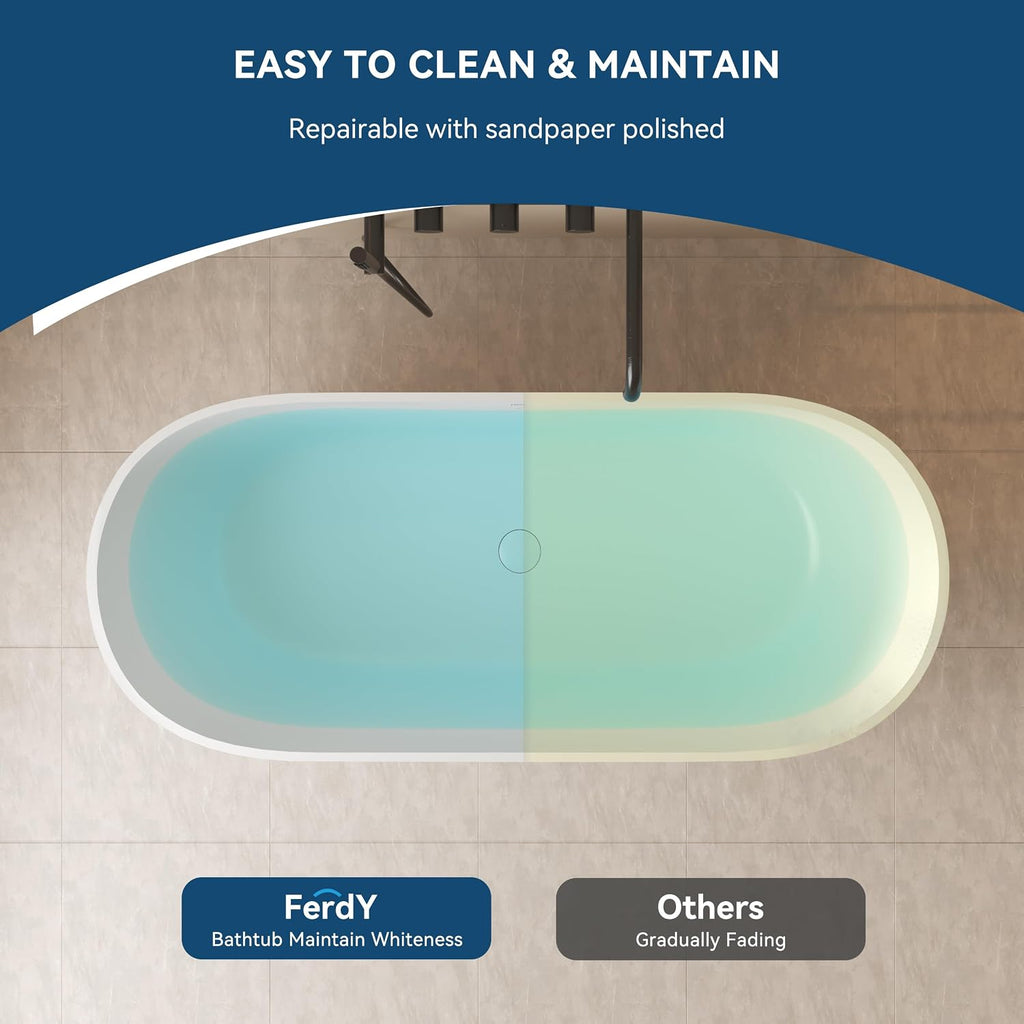FerdY Fiji 69' Stone Resin Freestanding Bathtub, Classic Oval Shape Soaking Bathtub, Solid Surface Soaking Tub, cUPC Certified, Integrated Slotted Overflow and Matte White Pop-up Drain