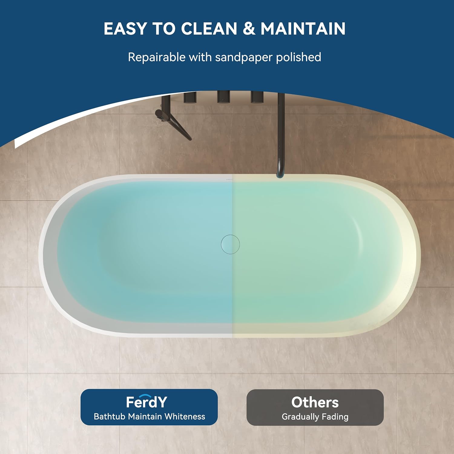 FerdY Fiji 69' Stone Resin Freestanding Bathtub, Classic Oval Shape Soaking Bathtub, Solid Surface Soaking Tub, cUPC Certified, Integrated Slotted Overflow and Matte White Pop-up Drain