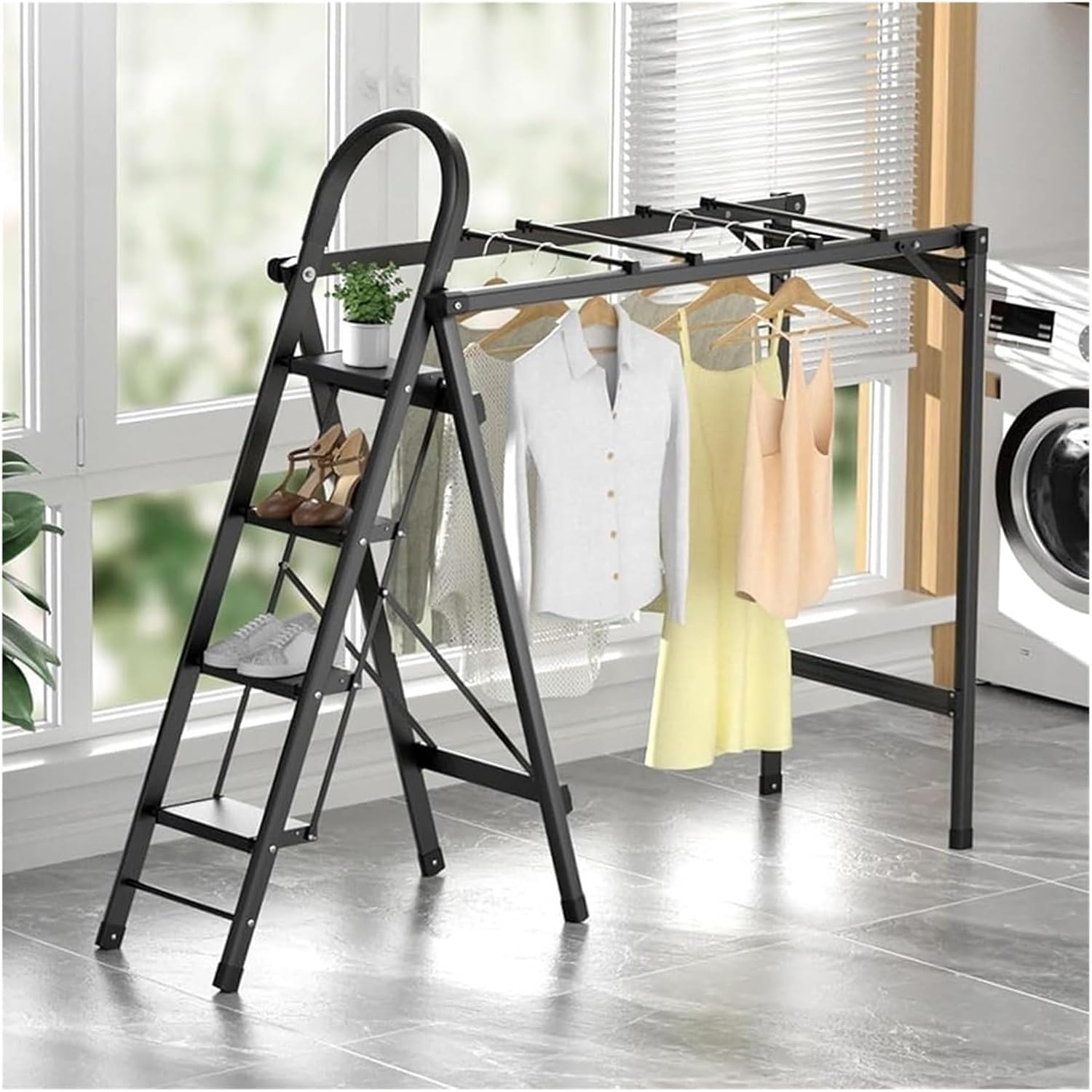 Foldable Drying Racks Garment Racks Free Standing Clothes Rack with Ladder Stretchable Metal Clothing Rack with Double Rod and Tool Tray for Dorm Bedroom Home Balcony(Gold)