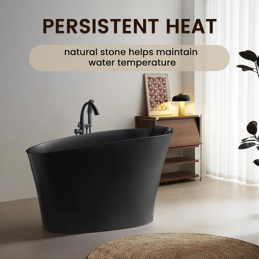 51'Freestanding Thermostatic Bathtub, Solid Surface Japanese Soaking Tub with Integrated Seat Cushion and Headrest, Includes Overflow and Drain Assembly, Oval Black(Black-51')