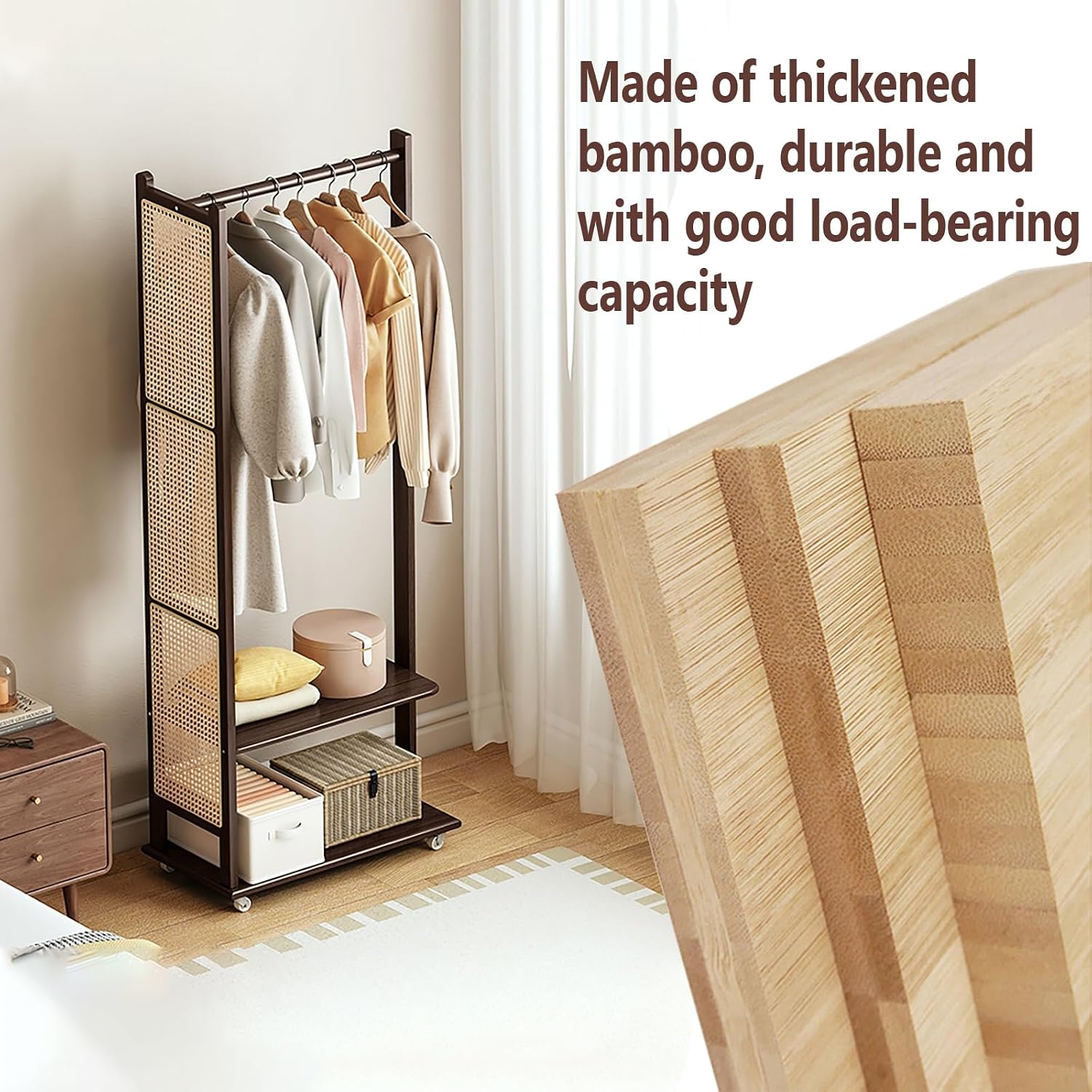 Heavy Duty Clothes Rack With 2 Shelves,solid Wood Garment Racks With Wheels,Clothing Rack For Hanging Clothes,Rolling Hanger Racks For Bedroom(Walnut,66cm/26in)