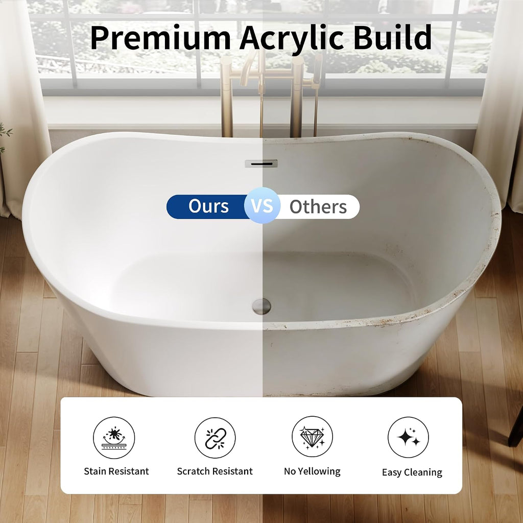 DeerValley 59' Free Standing Bathtub, Acrylic Soaking Tub with Center Drain & Integrated Overflow, Modern Standalone Shower Tub White, Deep Soaker, Ergonomic Design, DV-1T151S