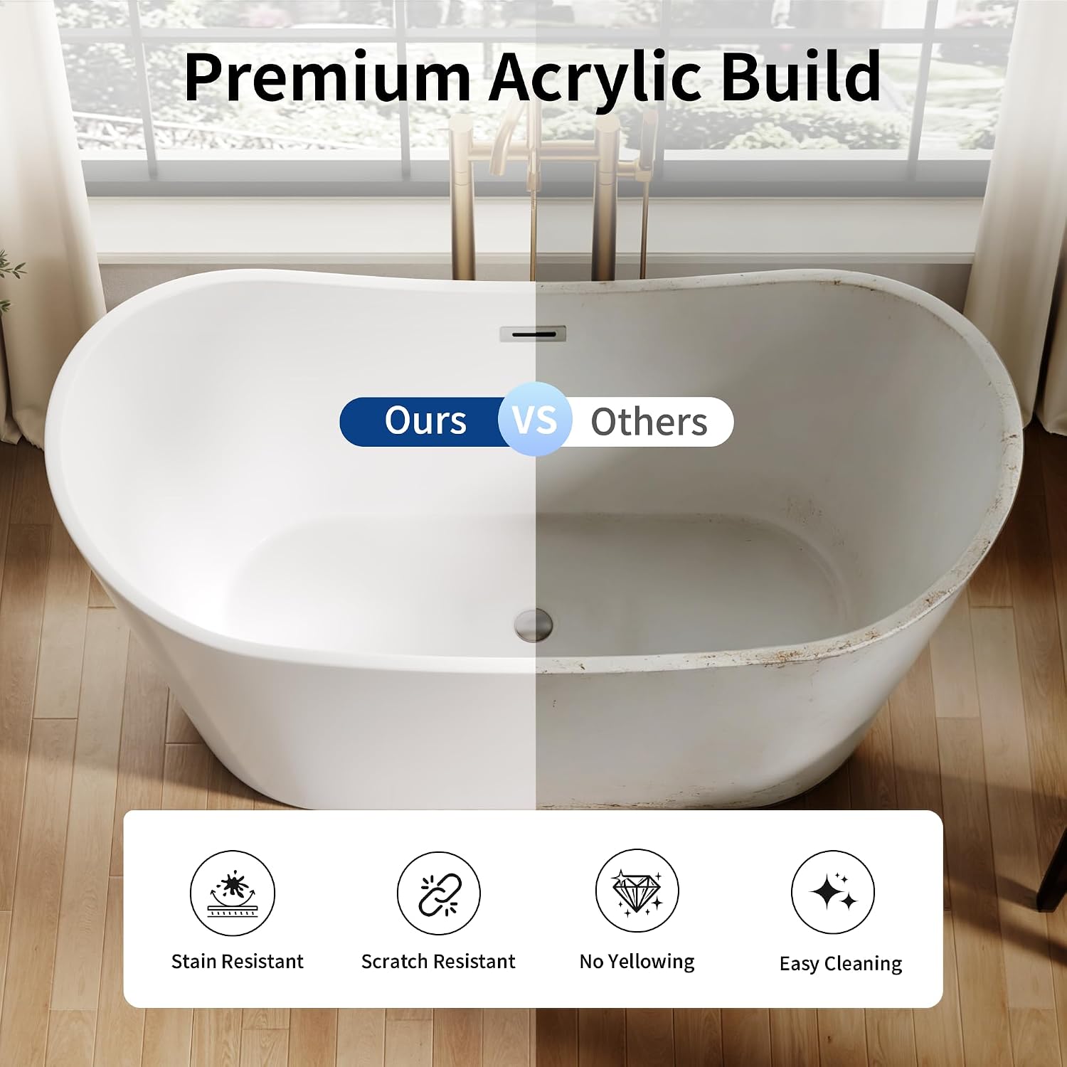 DeerValley 59' Free Standing Bathtub, Acrylic Soaking Tub with Center Drain & Integrated Overflow, Modern Standalone Shower Tub White, Deep Soaker, Ergonomic Design, DV-1T151S