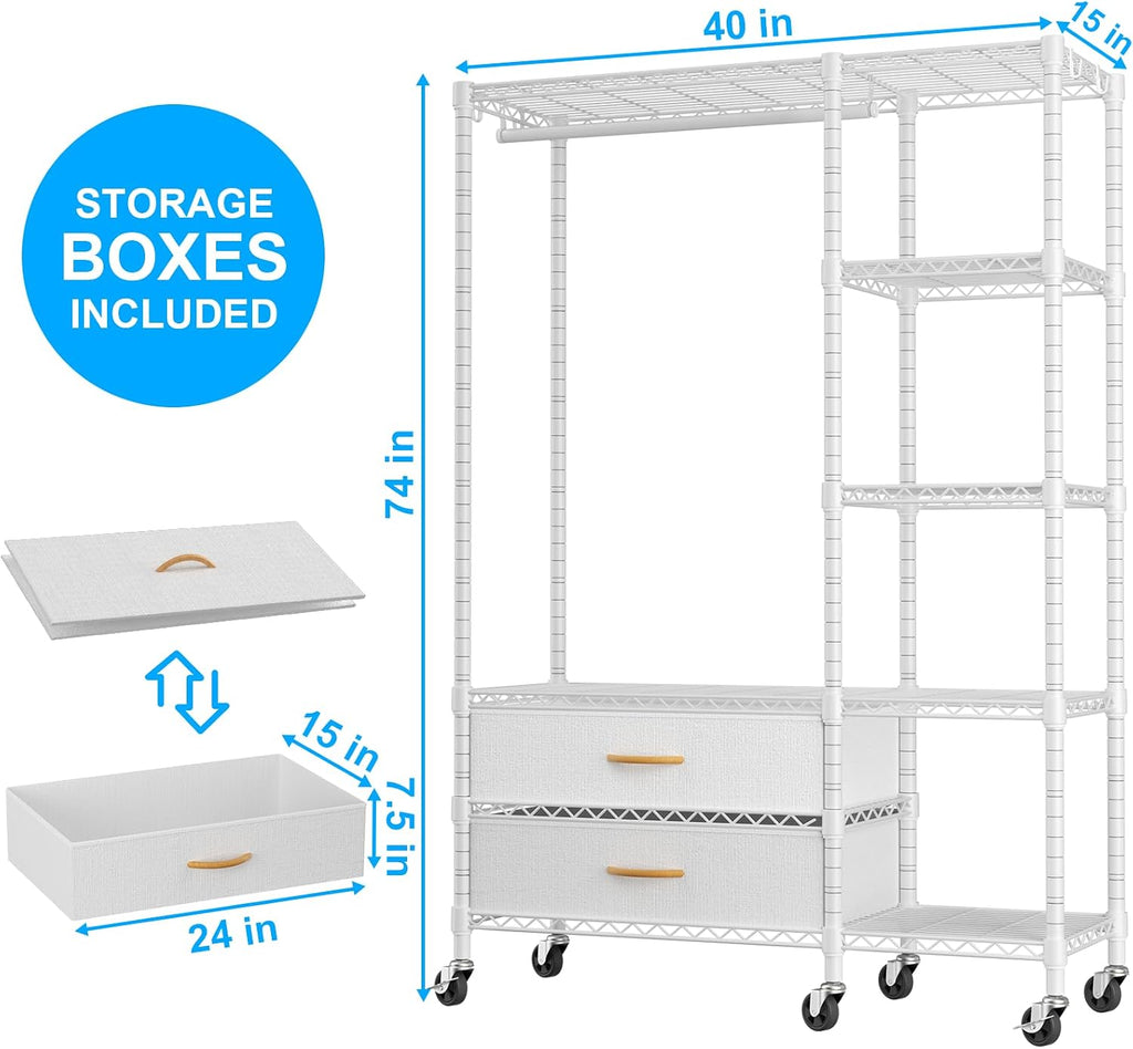 Ulif F3R Heavy Duty Clothes Rack（With Lockable Wheels）Freestanding Clothing Racks for Hanging Clothes，Adjustable Closet Organizer System，Portable Garment Rack 40'W x 15'D x 74'H，Max Load 700LBS，White
