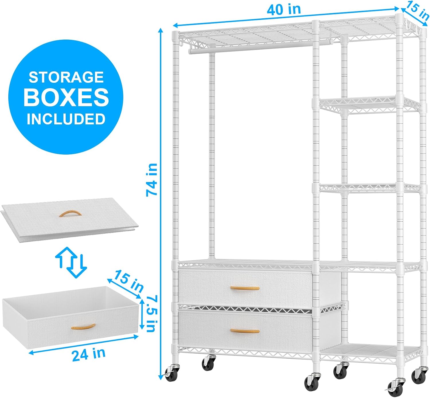 Ulif F3R Heavy Duty Clothes Rack（With Lockable Wheels）Freestanding Clothing Racks for Hanging Clothes，Adjustable Closet Organizer System，Portable Garment Rack 40'W x 15'D x 74'H，Max Load 700LBS，White