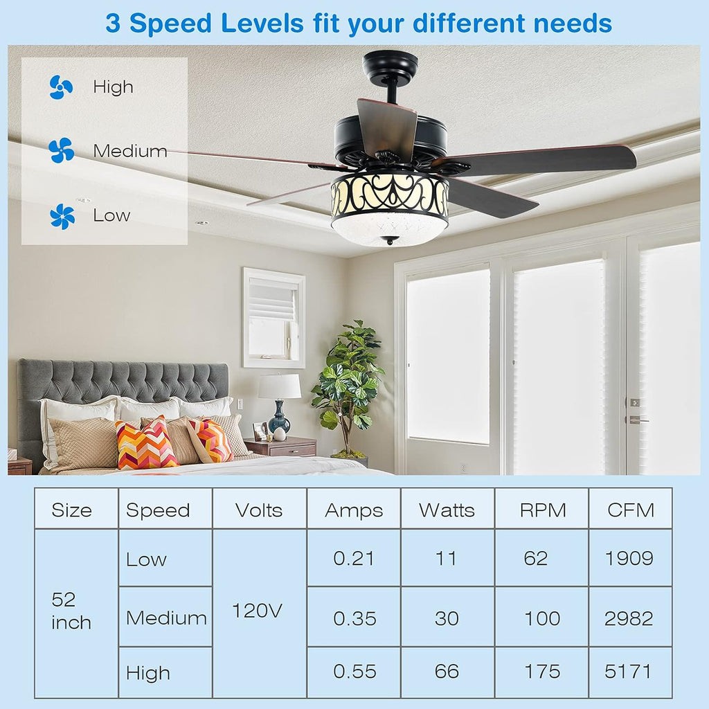 Tangkula 52' Ceiling Fan w/Lights & Remote Control, Lighting Fan w/5 Reversible Blades, 3 Wind Speed, Timer Function, Fan Lamp Suitable for Living Room, Bedroom (Matte Black)