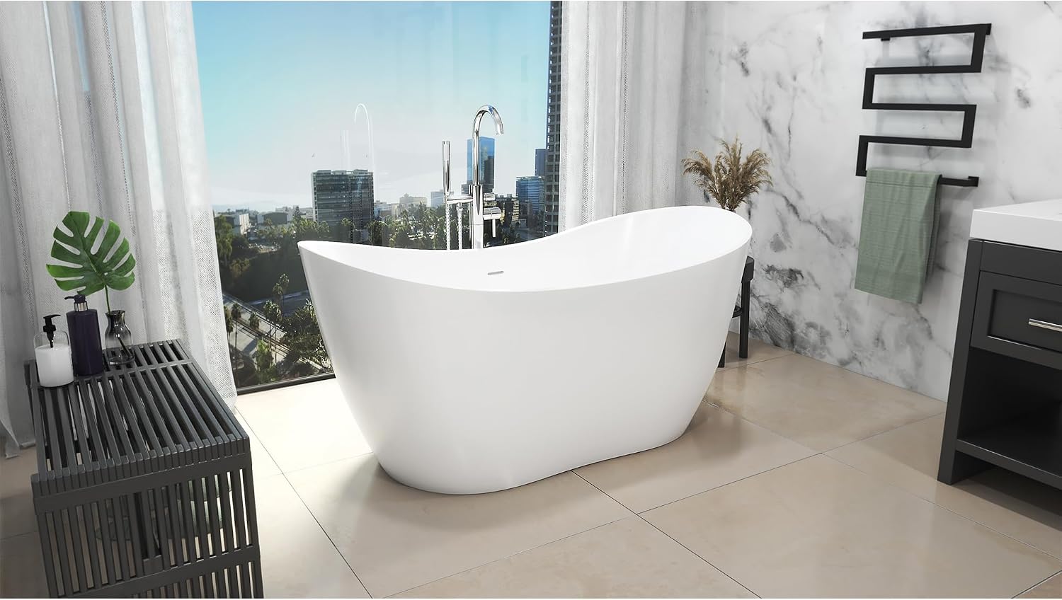DreamLine Nile 63 inch L x 28 3/8 inch W x 28 3/8 inch H Freestanding Acrylic Bathtub with Brushed Brass Drain