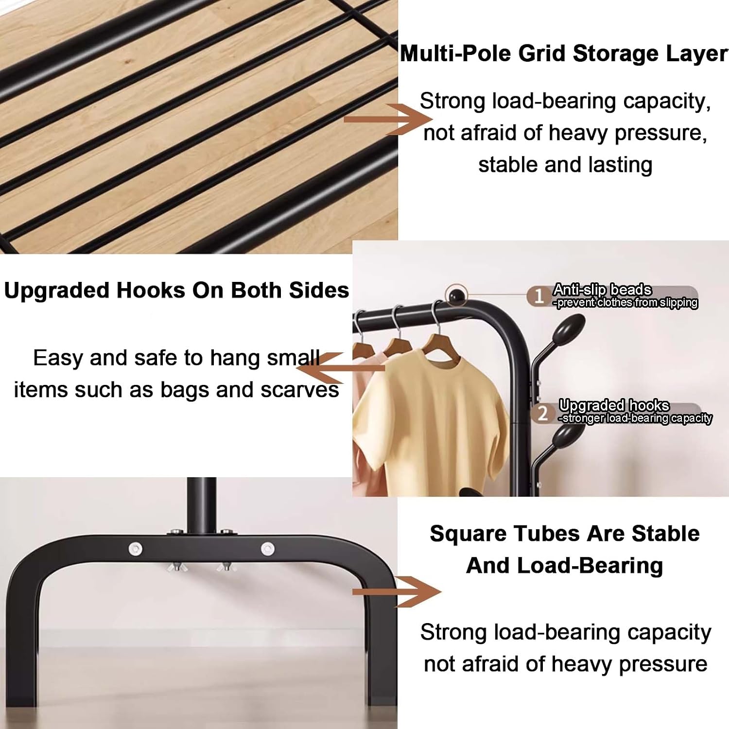Clothes Rack,Clothing Rack For Hanging Clothes,Metal Garment Rack With Storage Shelf,Free Standing Coat Rack With Hooks,Black(Black,130cm/51.2in)