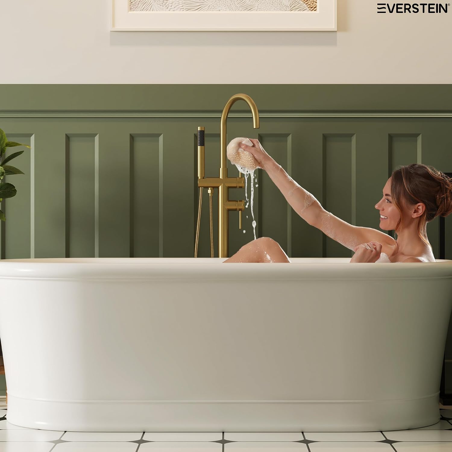 Freestanding Bathtub Faucet with Dual Handle Brass Tub Filler, Floor Mount Gooseneck Swivel Spout and Handheld Shower, Brushed Gold
