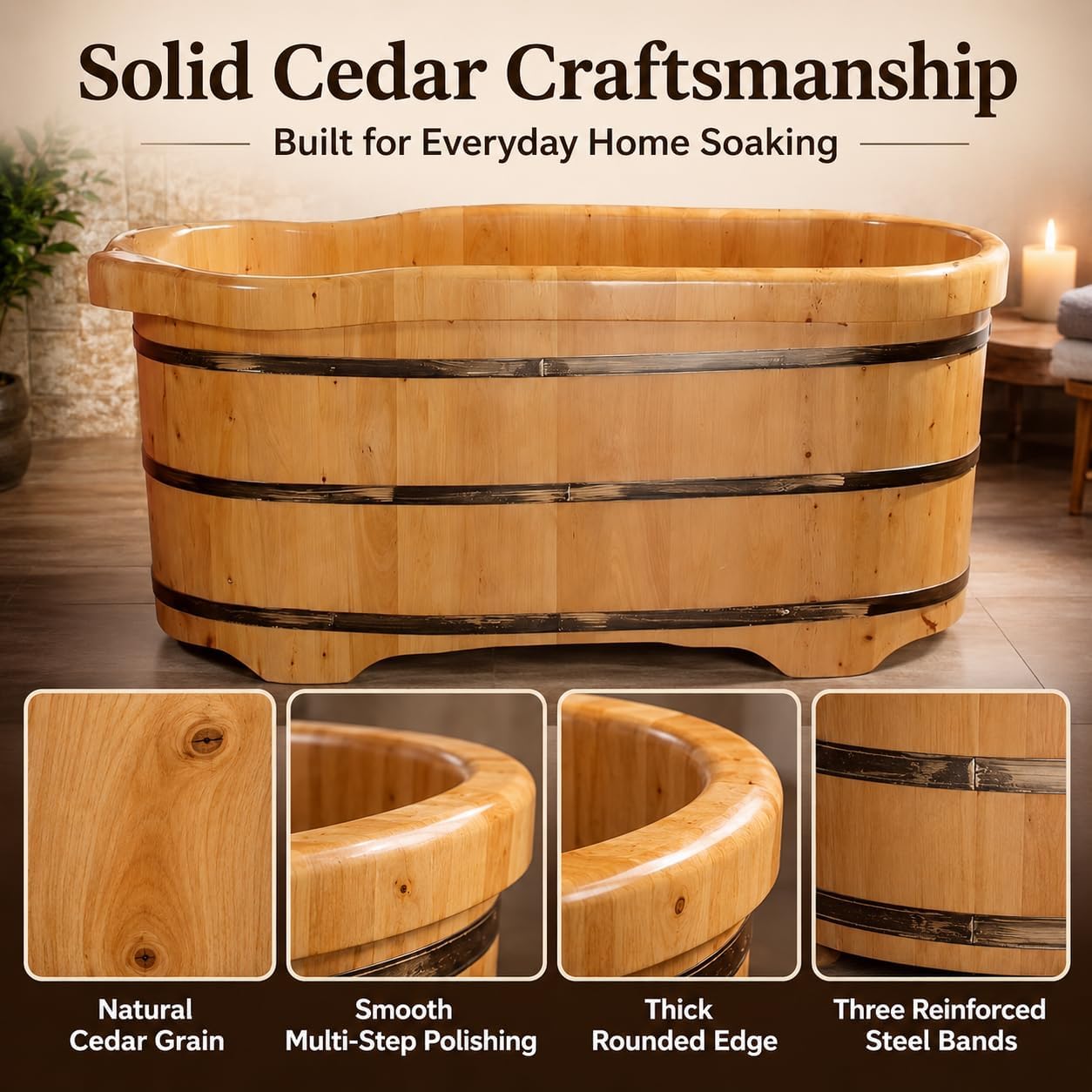 Premium Cedar Wood Freestanding Bath Tub, 51' 55' 59' Deep Soaking Tub with Solid Wood Construction & Drain Hose (59')