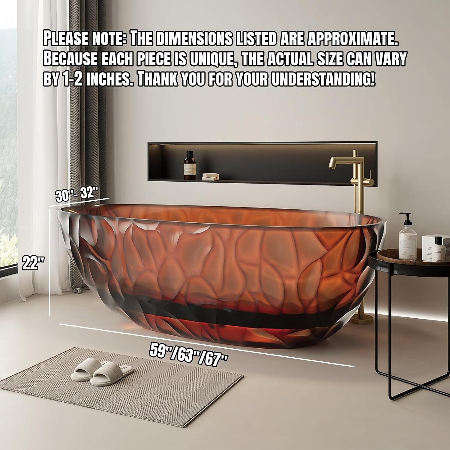 67' Edeyeu Clear Freestanding Bathtub – Designer Solid Surface Bathtub With Ripple Texture, Extra Deep Soaking Tub, Ergonomic Stand Alone Tub For Modern Luxury Bathrooms B