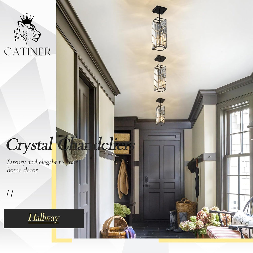 CATINER Black Crystal Pendant Lights 3 Pack, Mini Hanging Pendant Lighting Fixture with Adjustable Cord, Modern Kitchen Island Pendant Lights for Dining Room, Bedroom, Hallway, E26 Base