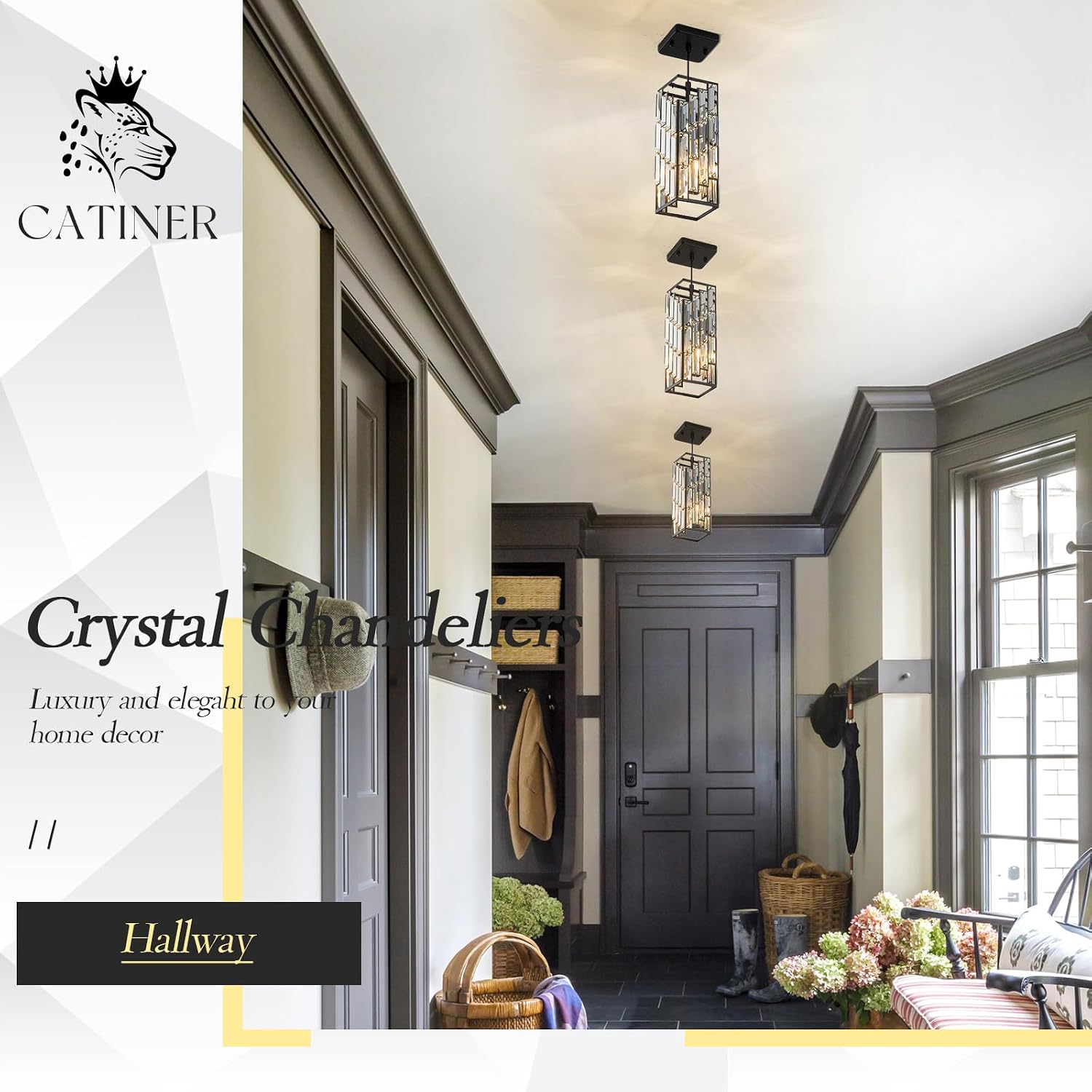 CATINER Black Crystal Pendant Lights 3 Pack, Mini Hanging Pendant Lighting Fixture with Adjustable Cord, Modern Kitchen Island Pendant Lights for Dining Room, Bedroom, Hallway, E26 Base
