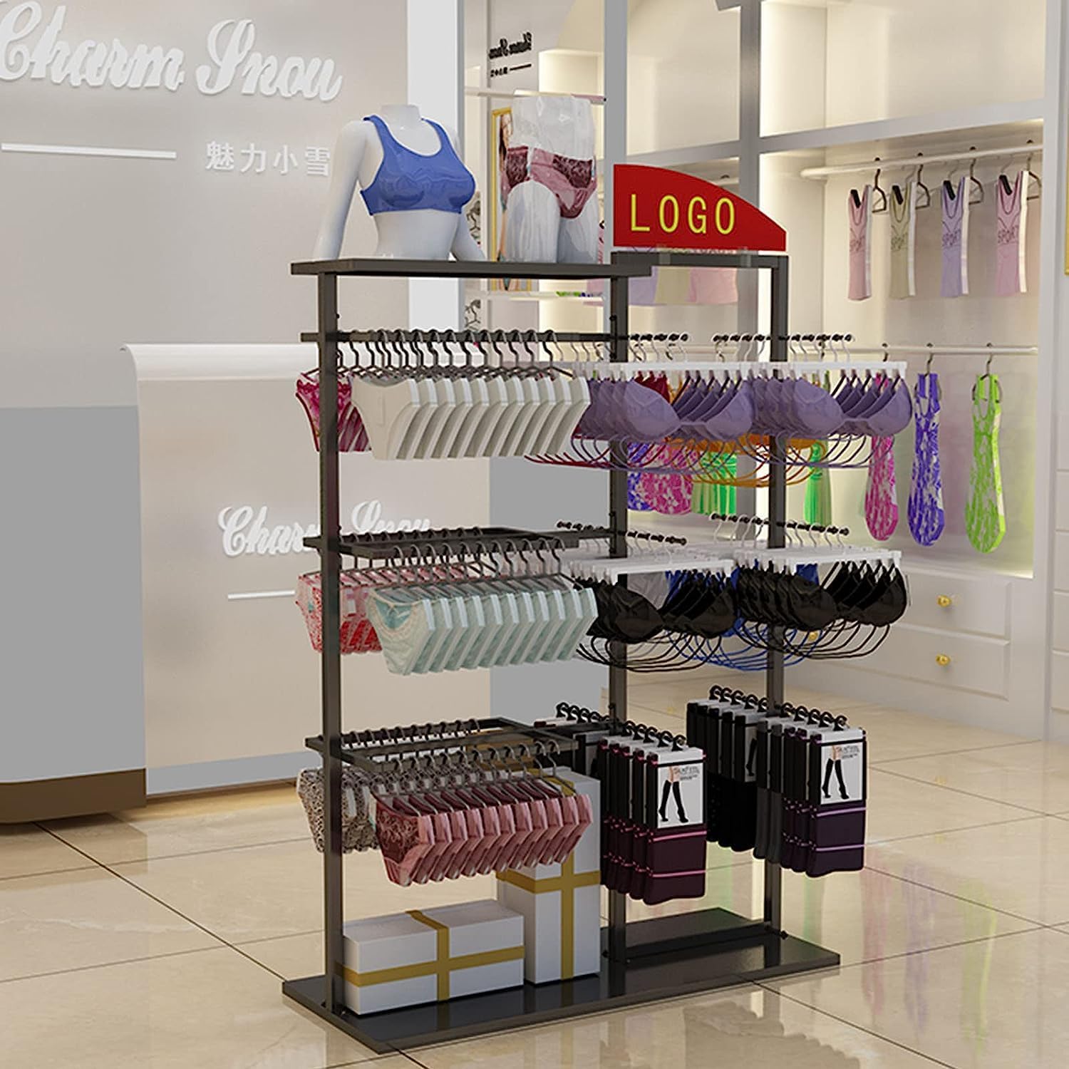 Retail Store Display Rack,Free Standing Garment Rack,Double Sided Coat Hanger,Heavy Duty Metal Underwear,Bra,Shorts and Socks Display Rack,Island Rack with