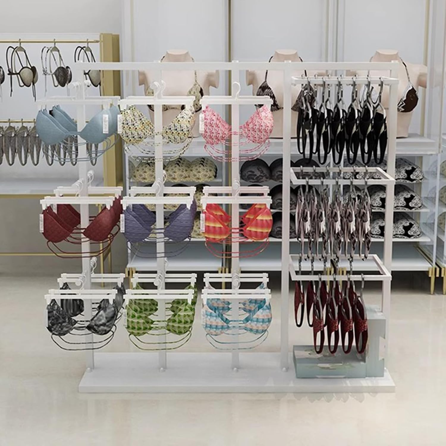 Freestanding Clothing Store Organizer Rack, Underwear Rack, Retail Store Scarf Panty Shorts Bra Hijab Silk Shawl Display Stand for Boutique/Cloth Store(White a 130X40X130CM)